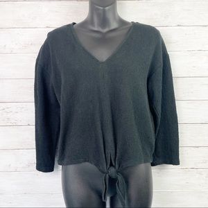 MADEWELL Black Terry Cloth Quarter Sleeve Tie Front Top